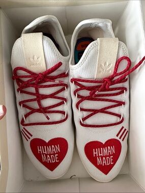 adidas Mens White Sneakers with Red Accents and Heart 'Human Made' Graphic